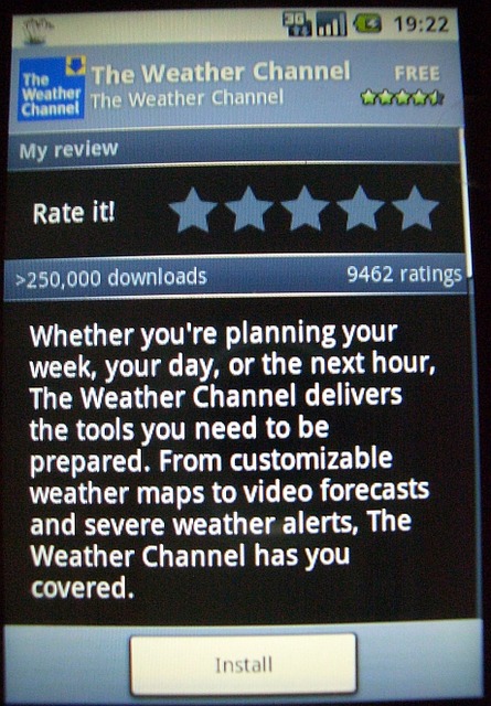 天気予報のアプリをダウンロードしてみた。一覧から選び、Installボタンを押すだけ。操作は非常に簡単である。