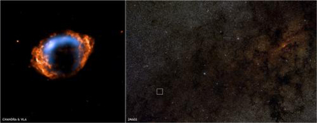 Chandra X線観測衛星

　Chandra X線観測衛星は、Hubble宇宙望遠鏡、Spitizer宇宙望遠鏡、現在は軌道から離脱したComptonガンマ線観測衛星と並ぶNASAの「大規模観測計画」の観測衛星群の1つだ。この高性能な望遠鏡がX線画像や、強烈で高温の現象のスペクトルを収集する。上の画像はその一例で、銀河の中で超新星の爆発の残骸が広がる様子を捉えたものだ。

　Chandraは1999年に打ち上げられ、5年間の基本ミッション終了後、現在も活躍を続けている。