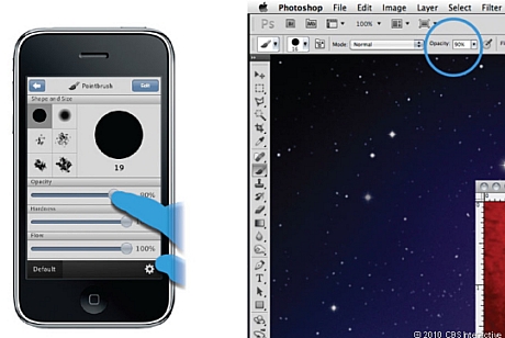 　iPhone上で調整したブラシの不透明度がコンピュータ上のPhotoshopと同期している様子を示したモックアップ。