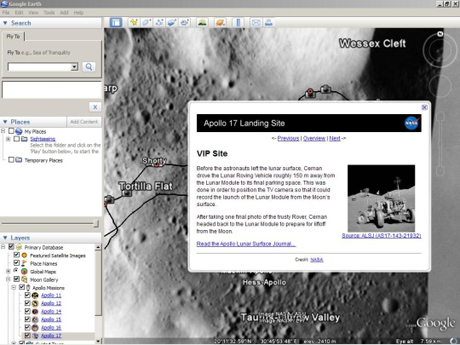 　画面左側にあるタブから特定のアポロ計画を選ぶと、計画の概要やWikipediaへのリンクが表示される。