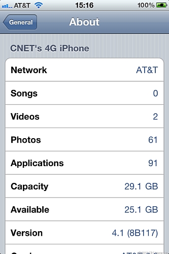 バージョン表示

　iOS 4.1であることは、SettingsメニューのGeneralオプションで確認できる。