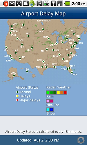 　FlightViewでは地図を見ながら、米国の空港の稼働状況をチェックできる。