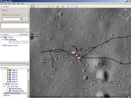 　各アポロ計画に関連した場所を見ることができる。パノラマ画像やYouTubeへのリンクに加え、地図では概略が書かれた注釈などが表示される。ここでは、宇宙飛行士がゴルフをした場所を見ることができる。