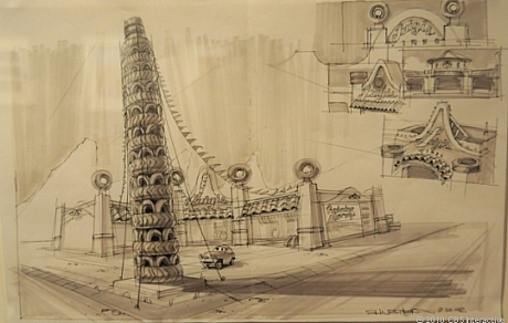 　「カーズ」用にJay Shuster氏がマーカーとペンで描いた「Luigi's Tire Shop」。