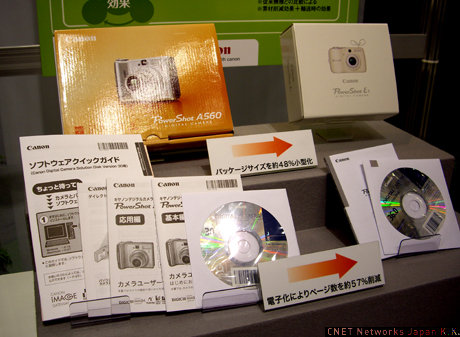 　キヤノンのコンパクトデジタルカメラ「PowerShot」は、前年同クラスのモデルに比べ、パッケージサイズを約48％小型化。小型化へ最も大きく寄与したのは取り扱い説明書の量で、使用頻度の高い部分のみを冊子にし、その他の説明書はCD-ROMへ収めたという。