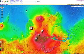 　まもなくGoogle Labsを脱しそうなのが、「Google Mars」だ。動作は「Google Earth」とほぼ同じだが、地球の画像を提供する代わりに、Google Marsでは、米航空宇宙局（NASA）の火星探査機「Mars Global Surveyor」の画像を使って、地球に最も近い惑星の表面が表示される。