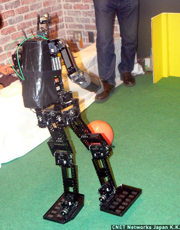 　サッカーをする人間型ロボットは小型のものと大型のものの2種類がある。いずれも搭載されたカメラでボールを認識し、足でボールを蹴る。