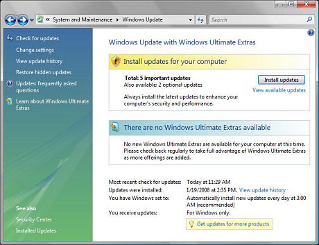 　米国時間2008年3月18日、MicrosoftはWindows Updateを経由した「Windows Vista Service Pack 1（SP1）」の一般向けダウンロードの提供を開始した。さっそく、Vista SP1のインストールの流れを追っていこう。Vista SP1の自動インストールが開始されるのは、2008年4月中旬以降の予定になっている。それまでは、手作業でWindows Updateをチェックする必要がある。「View available updates」をクリックして、SP1がリストに入っているか確認する。