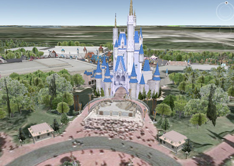 　DisneyとGoogleは米国時間6月5日、Walt Disney Worldを「Google Earth」に持ち込むための取り組みを発表した。この取り組みにより、最新版Google Earthでは、同パークの様子を3Dで表示させることができるようになった。パーク内にあるアトラクション、ショップ、湖などを拡大表示できる。画像は、Google Earthで見たシンデレラ城。