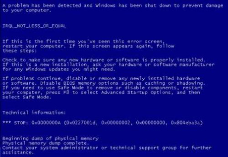 　深刻なシステム障害によってSTOPエラーが発生したとき、恐ろしげな「死のブルースクリーン」（BSOD）に表示される情報を解読できるかどうかで、トラブルシューティングのスピードが違ってくる。このフォトレポートでは、「Windows XP」の一般的なBSODエラーメッセージを紹介する。

STOP: 0x0000000A
IRQL_NOT_LESS_OR_EQUAL
　このSTOPエラーは、ソフトウェアかハードウェアのいずれかが原因で発生し、カーネルモードプロセスまたはドライバがアクセス権限のないメモリロケーションにアクセスしようとしたか、カーネル割り込み要求レベル（IRQL）が高すぎるメモリロケーションにアクセスしようとしたことを示している。