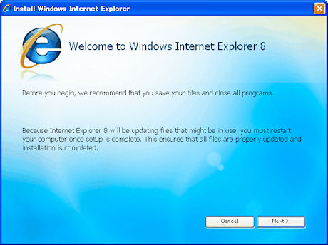 マイクロソフトは、同社のイベント「MIX08」において、ウェブブラウザ「Internet Explorer 8」のベータ版を公開した。開発者向けの機能や拡張機能を強化した同ブラウザについて、画像をもとに確認していこう。まずはインストール画面。現在日本語版は未提供のため、今回は英語版をインストールしている。