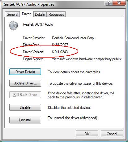 　「Device Manager」でデバイスを右クリックして「Properties」を選び、「Driver」タブをクリックする。画像では選択したデバイスのドライバのバージョンを丸で囲んでいる。このドライバはVista SP1を「ブロックする」ドライバではない。