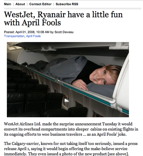 　National Postは、旅客機の席の上にある棚を「寝台キャビン」とするニセプレスリリースをカナダWestJet航空が出したことを報じた。