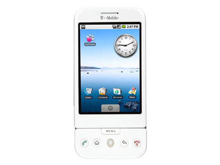 　「T-Mobile G1」は、「HTC Dream」としても知られており、携帯端末用OS「Android」を搭載した初の電話機となる。画像は同デバイスのホーム画面。