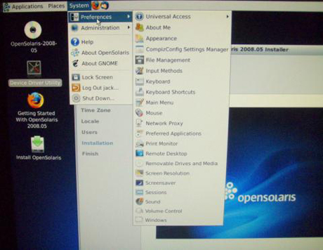 OpenSolaris Gnomeメニューのシステム設定
　コントロールパネルのシステム設定。
