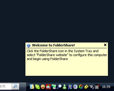 無事にアカウントが作成されると、タスクバーがポップアップで知らせてくれる。同時にFolderShareのアイコンも表示される。
