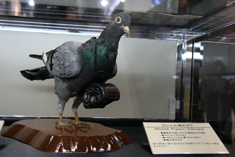 カメラ好きなら、ぜひ見ておきたいのが「日本の歴史的カメラ」ブース。東京にある日本カメラ博物館による特別展示だ。軍事用カメラのひとつ、鳩に取り付ける小型カメラ