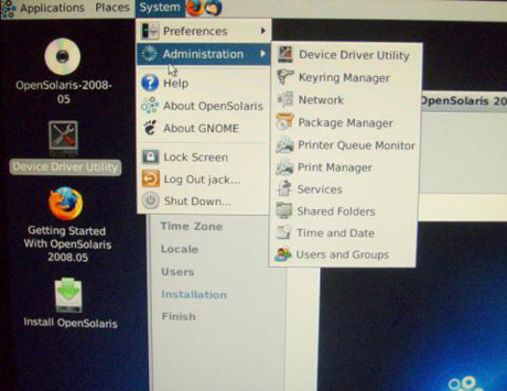 OpenSolarisシステムメニュー1
　システムメニューのコントロールパネルアプレット。