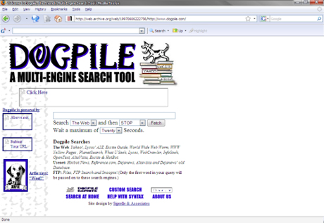 　「Dogpile」は他の検索エンジンを利用して結果を表示するメタ検索エンジンで、この画像は1997年6月の初期バージョンだ。