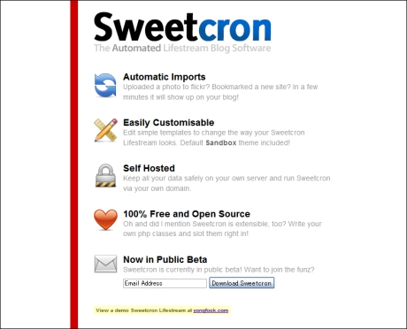 先週掲載したRead/WriteWebの記事「ブログの未来はどうなる--新しいコミュニケーション手段『ライフストリーミング』」が非常に好評だった。その中で、“待望の最新自動ライフストリーミングソフトウェア”として紹介されていた「Sweetcron」がついにベータ版として公開された。

Sweetcronを使うと、自分または友人のブログはもちろん、Twitterでの発言やFlickrにアップした写真、さらに動画やニュースサイトの更新情報など、あらゆる情報を詰め込んで日々の行動を手軽に記録することができる。

ダウンロードはこちらから。インストール手順はこちらを参照。builder.jpのブログではさらに詳細なセットアップ方法が解説されている。