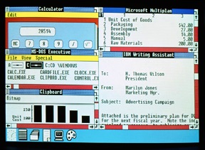 　以下の図で分かるとおり、16ビット版だったWindows 1.0は、タイル状に配置されたウィンドウとグラフィカルインターフェースを備えていた。これは、以前のPC用のOSから見ると大きな変化であり、過去のMS-DOSなどのOSではコマンドプロンプトが使われていた。

　もう1つの新しい機能は、ユーザーが複数のアプリケーションを同時に実行できるというものだった。実行できるアプリケーションには、MS-DOSのファイル管理プログラム、カレンダー、電卓、時計、ノートパッドが含まれていた。