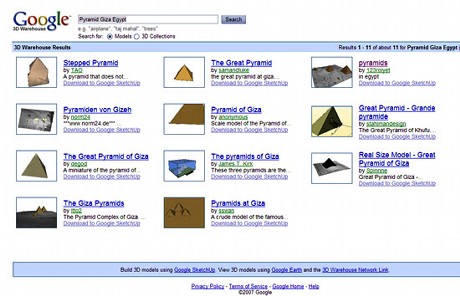 　ユーザーはGoogle Earth向けに複数のモデルから選ぶことができる。すでに複数のエジプトピラミッドが用意されている。