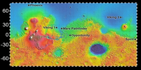 　Phoenixの着陸地点とそのほかの探査機が調査した地点を比較した火星地図。