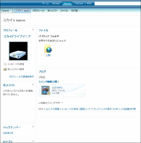 同じブログでも、共有フォルダへのアクセス権を持っていないユーザーが訪問した場合には、下の画像のように共有フォルダは見えず、公開フォルダのみ表示される。Windows Liveサービスならではの連携機能だ。