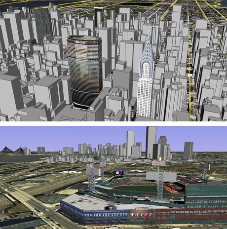 　ニューヨーク市のメトライフビルとクライスラービル（上）周辺の建築物はグレーの立方体のままだ。ボストンにあるフェンウェイパーク（下）も同様だ。