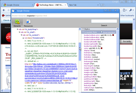 　Chromeでは、ページのソースを表示できるが、多数の色が使われ、検査機能がページ内で使用されているコードを表示する。