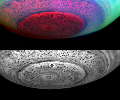　上にある土星の南極の画像は、極地域を赤、緑、青の疑似カラーで示している。色が黒くなっている部分は、厚い対流雲の存在を示している。NASAによると、赤い部分は、「上向きに拡散する土星内部の熱による高い温度の発光」を示しているという。