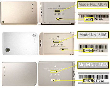 　この画像は、Apple Computerが発火の危険があるとしてリコールしたバッテリでモデルナンバとシリアルナンバがどこに記載されているかを示している。　各画像は上から、12インチPowerBook、12インチiBook、15インチPowerBookのバッテリ。　リコール対象となったバッテリはソニーのセル技術を採用したもので、先週もDellによる歴史的規模のリコールの原因となった。