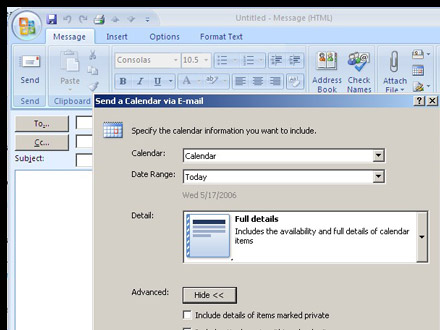 　Outlook 2007ベータ2では、自分のカレンダーをまるごと他のメールユーザーに送ることが可能で、相手先がどの程度詳しい情報を見られるかを指定できるようになっている。