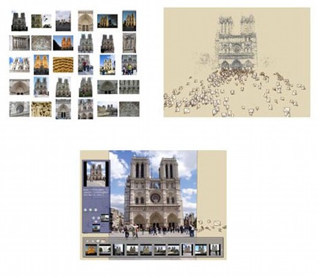 　Microsoftの画像ブラウザ「Photosynth」は、ワシントン大学で開発されたテクノロジを利用して、「動き回れる」3Dスペースを作成可能にする。例えば、パリのNotre Dame大聖堂の写真（写真左）から、大聖堂正面の3Dモデルを組み立てることができる。完成した3Dモデルは、用意された写真がどの角度から撮影されたかに左右される。閲覧時にはPhotosynth（写真下）を使って3Dスペース内を動き回ることが可能だ。