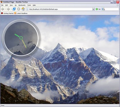 Microsoftは「Mix '06」カンファレンスで、Windows Vistaのグラフィック表示機能を他のOSやウェブブラウザ上で再現する「Windows Presentation Foundation/Everywhere（WPF/E）」を使ったサイトのスクリーンショットを披露した。

下の画像は、Firefoxブラウザのなかで、ページの背景画像上にベクターイメージでできた時計のアニメーションを表示させているところ。