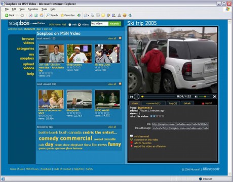 　Microsoftが米国時間9月19日にベータ版の開始を予定しているビデオ共有サイト「Soapbox on MSN Video」のスクリーンショット。