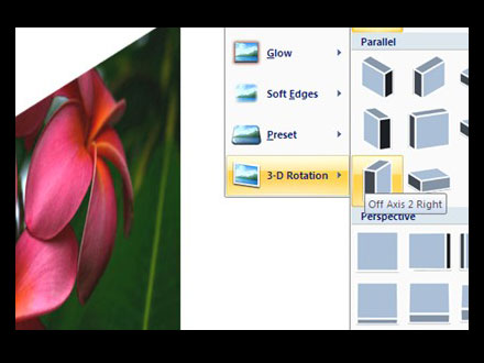 　Office 2007では画像の取り扱いがきわめて直感的にできるようになっている。ウインドウ上部にある「Format」タブには、ベーシックな画像処理機能が揃っている。また、コマンドを実行する前にその上にマウスオーバーするだけで、この図にある3次元の回転のような処理の結果をプレビューすることも可能だ。