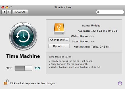 　Time Machine：Mac OS Xの新しいデータバックアップシステムである「Time Machine」をセッティングするには、ファイルの変更をすべて保存しておくためのハードディスクを用意する必要がある。任意のファイルを指定するか、システム全体をバックアップすることができる。