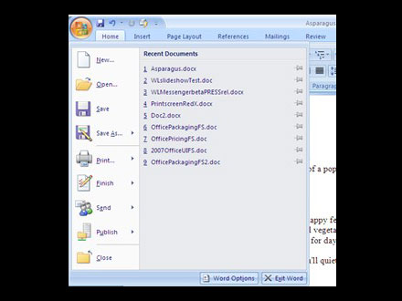 　MicrosoftはWord 2007で、ユーザーがもっと多くの機能を手軽に使えるようにしたいと考えている。ちなみに、Word 2003では31個のツールバーに300種類の機能が収められていた。Word 2007では、Word、Excel、PowerPoint、Accessの各アプリケーションで、メニュー部分にタブ形式で配置されたツール類のアイコンが作業中のタスクに合わせて入れ替わる。また、左側上部にあるWindows Officeのロゴをクリックすると「Quick Access Toolbar」が現れ、そこから書類を開いたり、保存や印刷といった基本的な機能を使ったりすることができる。