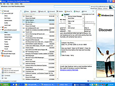 　現在ベータテスト中のWindows Live Mail Desktopからは、メールの送信に加えて、テキストIMや音声通話が開始できる。