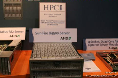 　Sun Microsystemsの「Sun Fire X4500 Storage Server」。AMDのSocket Fに対応したプロセッサを2基搭載できる。このストレージサーバは8ポートSASコントローラを6基使用し、48台のSATAハードドライブを搭載可能である。