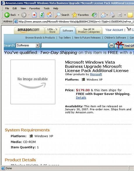 　「Windows Vista Business Upgrade」エディションは179ドル。