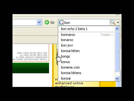 　例えばBon Echoに関する情報を検索する場合、「bon echo」と入力すれば、Googleで利用可能な文字列の候補がドロップダウンメニューに表示される。