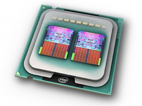 　Xeon 5335のパッケージの中に2つのデュアルコアチップを搭載したイメージ画像。チップにはそれぞれデュアルコアプロセッサ「Xeon 5100」（開発コード名「Woodcrest」）を採用している。