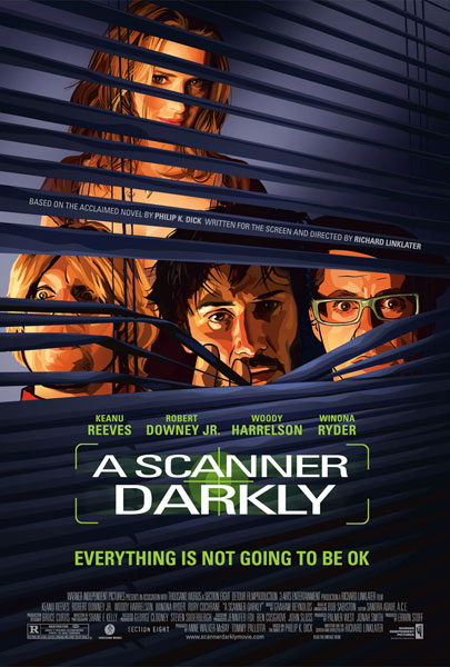 　「A Scanner Darkly」プロモーション用ポスター。同映画は、撮影に半年、アニメーション化に１年以上費やした。