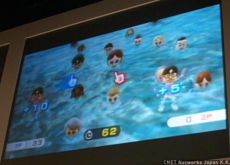 Miiの使用の一例。ミニゲーム内のキャラクターとして、岩田氏が登場しているのが分かる。MiiキャラクターはWiiリモコンにセーブされ、対戦やWi-Fiを利用したソフトで使用することが可能。