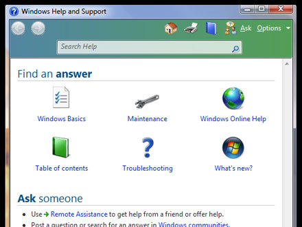 「Windows Help and Support」（その1）。Vistaでは従来のFAQ形式のヘルプに加え、いくつかの機能が追加された。たとえば「Remote Assistance」をクリックすれば知り合いのVistaユーザーに手助けを求めることができ、またMicrosoftのオンライン掲示板へのアクセスや書き込みも可能になっている。