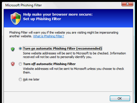 フィッシングフィルター（Phishing Filter）の設定画面