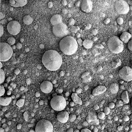 　火星で発見された「ブルーベリー」と呼ばれる球体。大きさは直径約5mm。この球体はOpportunityの火星着陸地点で発見されたが、ビクトリアクレータの縁の周辺でも確認されている。