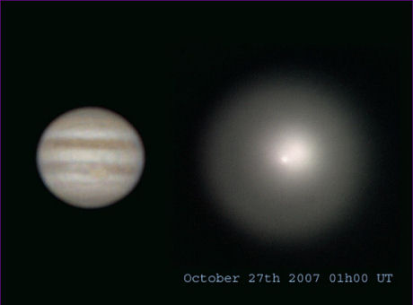 　10月27日。地球から見た大きさは、ホームズ彗星のほうが木星より大きくなった。参考のため、木星の画像を添えてある。